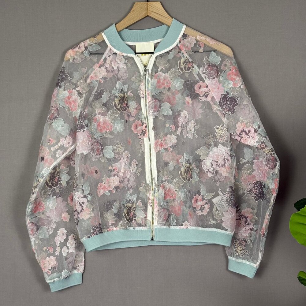 Maeve Sheer Floral Bomber Jacket in Pastel Pink & Light Blue